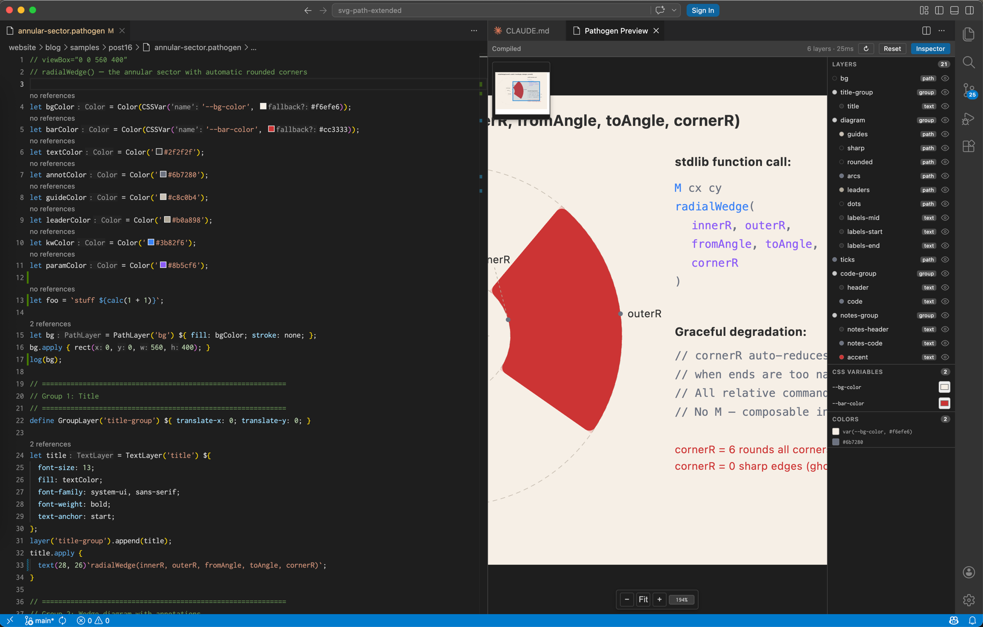 Pathogen VS Code extension showing code editor with inlay hints and code lens on the left, live preview panel with layer inspector on the right